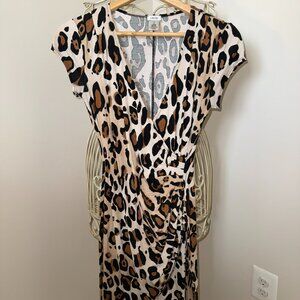 CACHE Leopard Print Faux Wrap Knit Sheath Dress Small